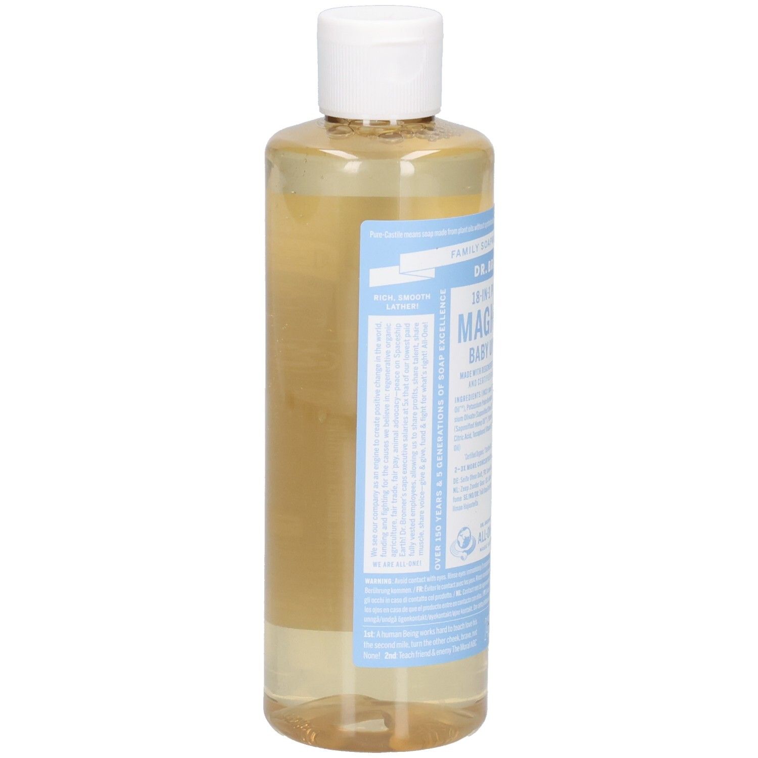 Flacon de savon liquide, vue latérale. Inscription : Dr. Bronner's 18-en-1 Pure-Castile Magic Soap Baby Unscented. Bouchon blanc, étiquettes bleues.
