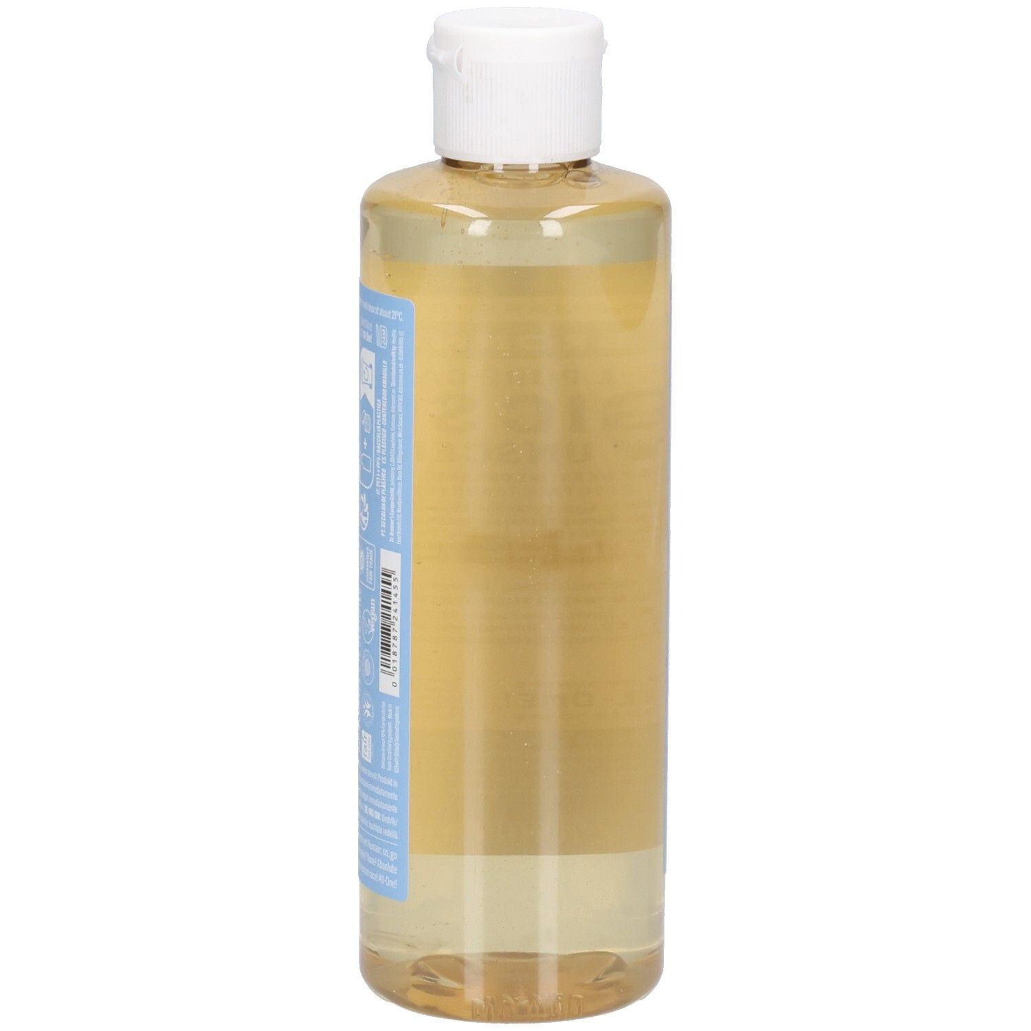 Flacon de savon liquide, vue latérale. Inscription : Dr. Bronner's 18-en-1 Pure-Castile Magic Soap Baby Unscented. Bouchon blanc, étiquettes bleues.