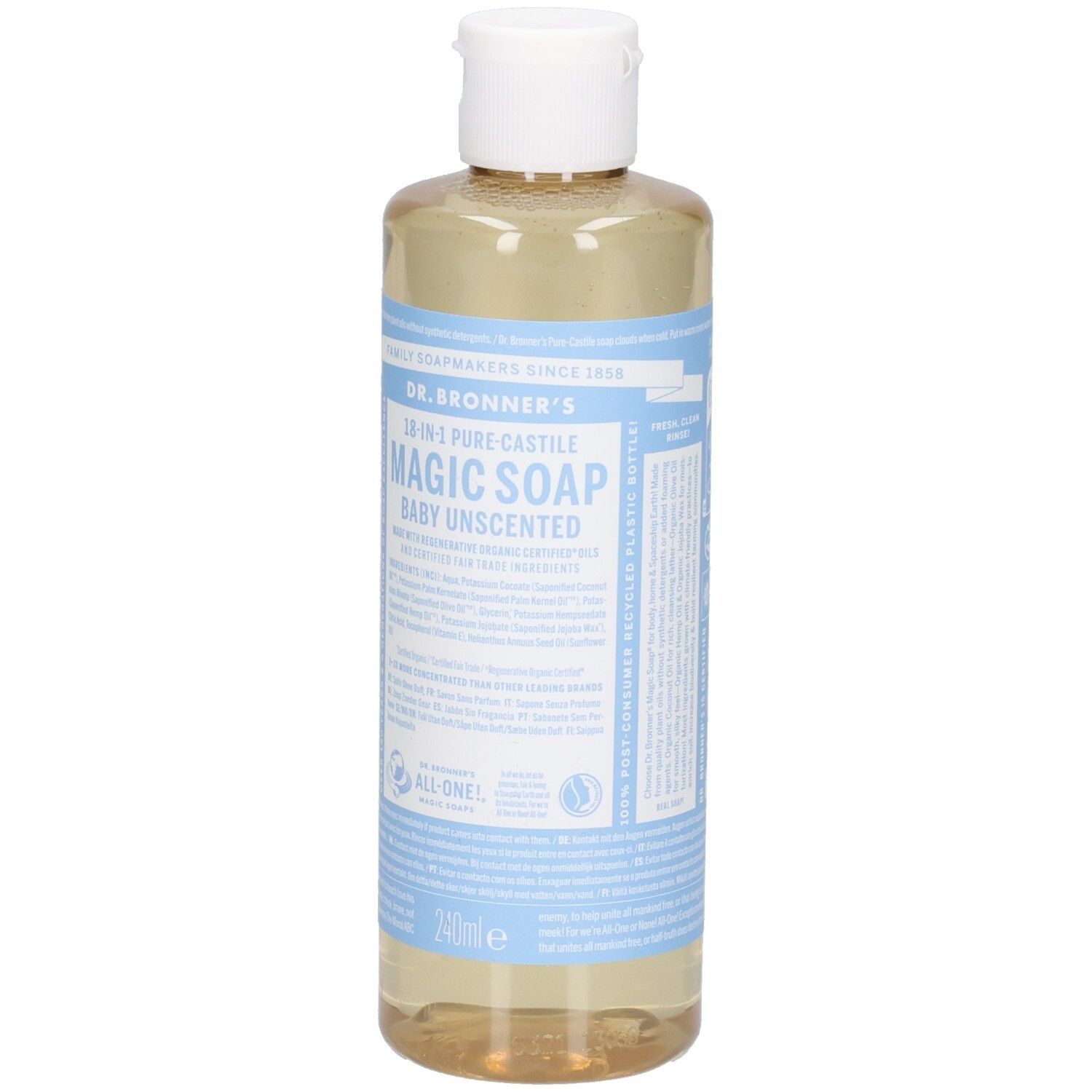 Flacon de savon liquide. Inscription : Dr. Bronner's 18-en-1 Pure-Castile Magic Soap Baby Unscented. Bouchon blanc, étiquettes bleues.