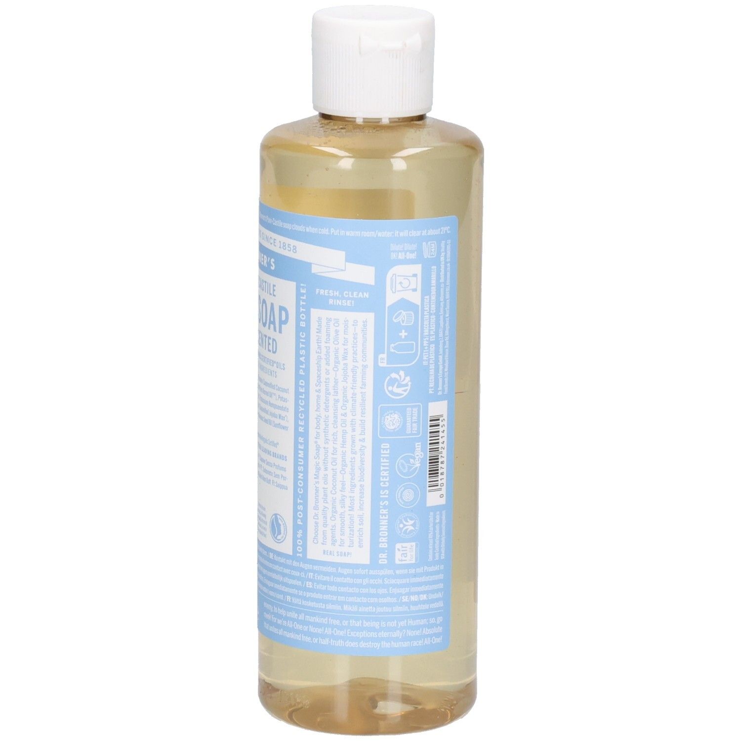 Flacon de savon liquide, vue latérale. Inscription : Dr. Bronner's 18-en-1 Pure-Castile Magic Soap Baby Unscented. Bouchon blanc, étiquettes bleues.