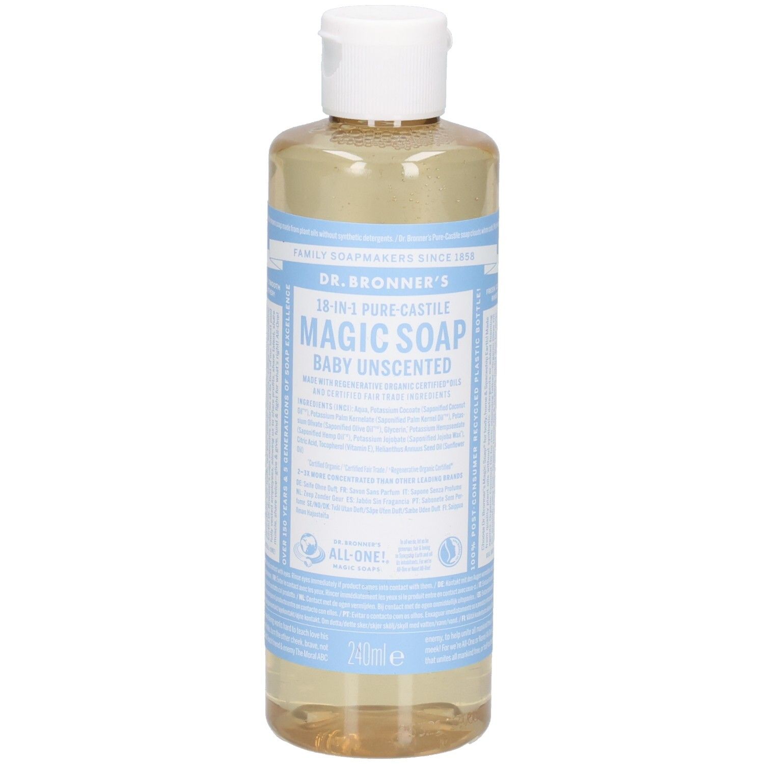 Flacon de savon liquide. Inscription : Dr. Bronner's 18-en-1 Pure-Castile Magic Soap Baby Unscented. Bouchon blanc, étiquettes bleues.