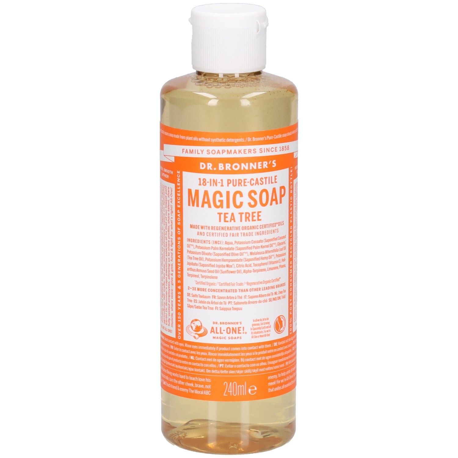 Savon liquide transparent en bouteille à bouchon blanc. Inscription: Dr. Bronner's 18-en-1 Pure-Castile Magic Soap Tea Tree.