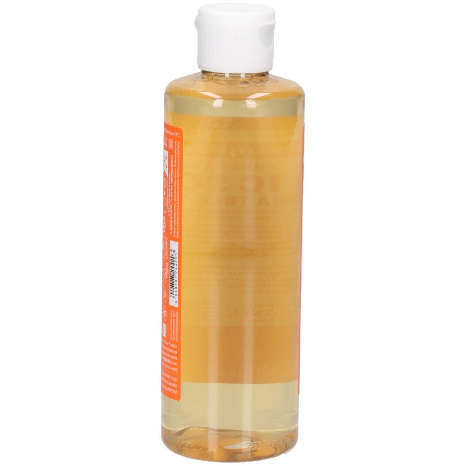 Vue arrière de la bouteille de savon liquide. Étiquette orange avec texte. Bouchon blanc. Contenu clair.