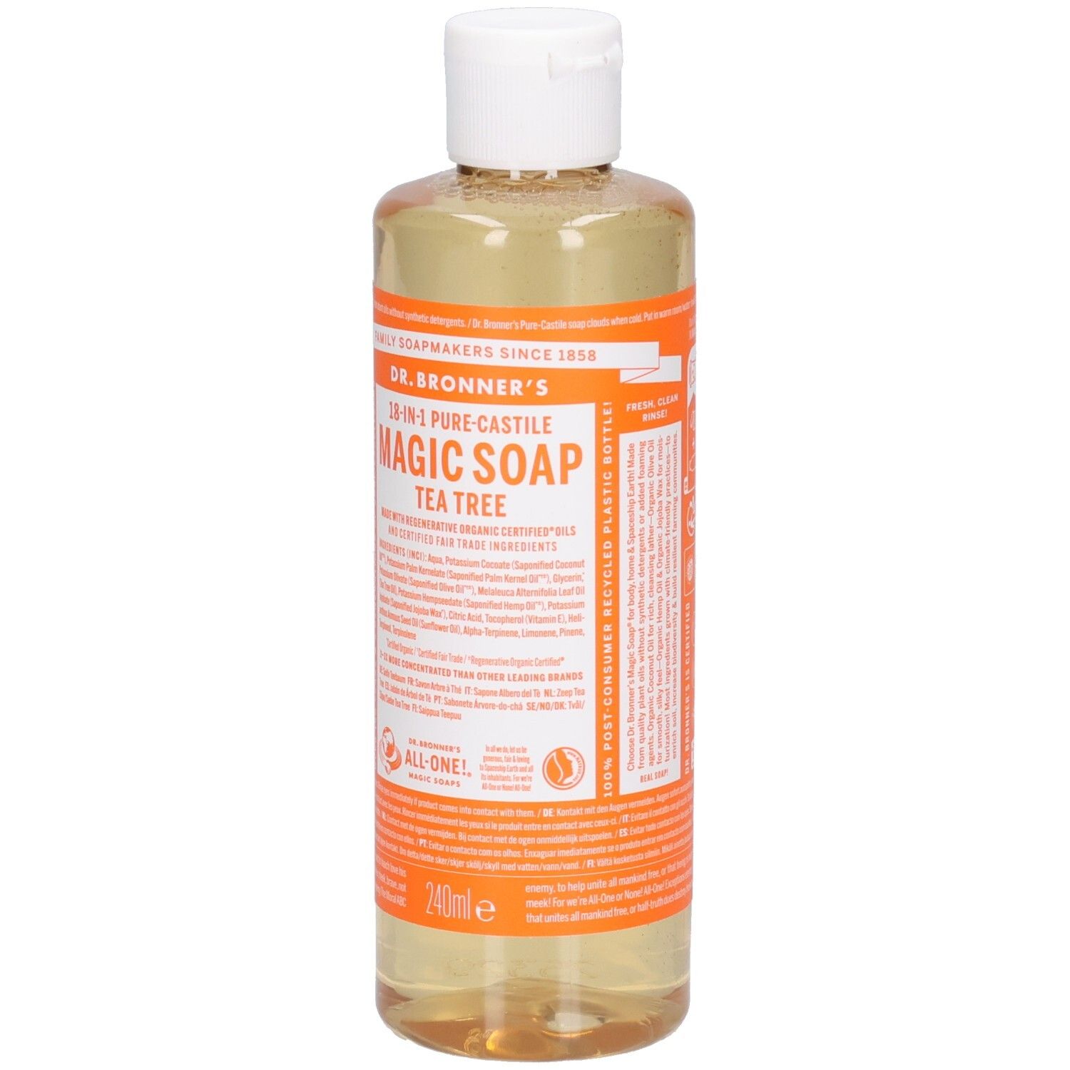 Savon liquide transparent en bouteille à bouchon blanc. Inscription: Dr. Bronner's 18-en-1 Pure-Castile Magic Soap Tea Tree.