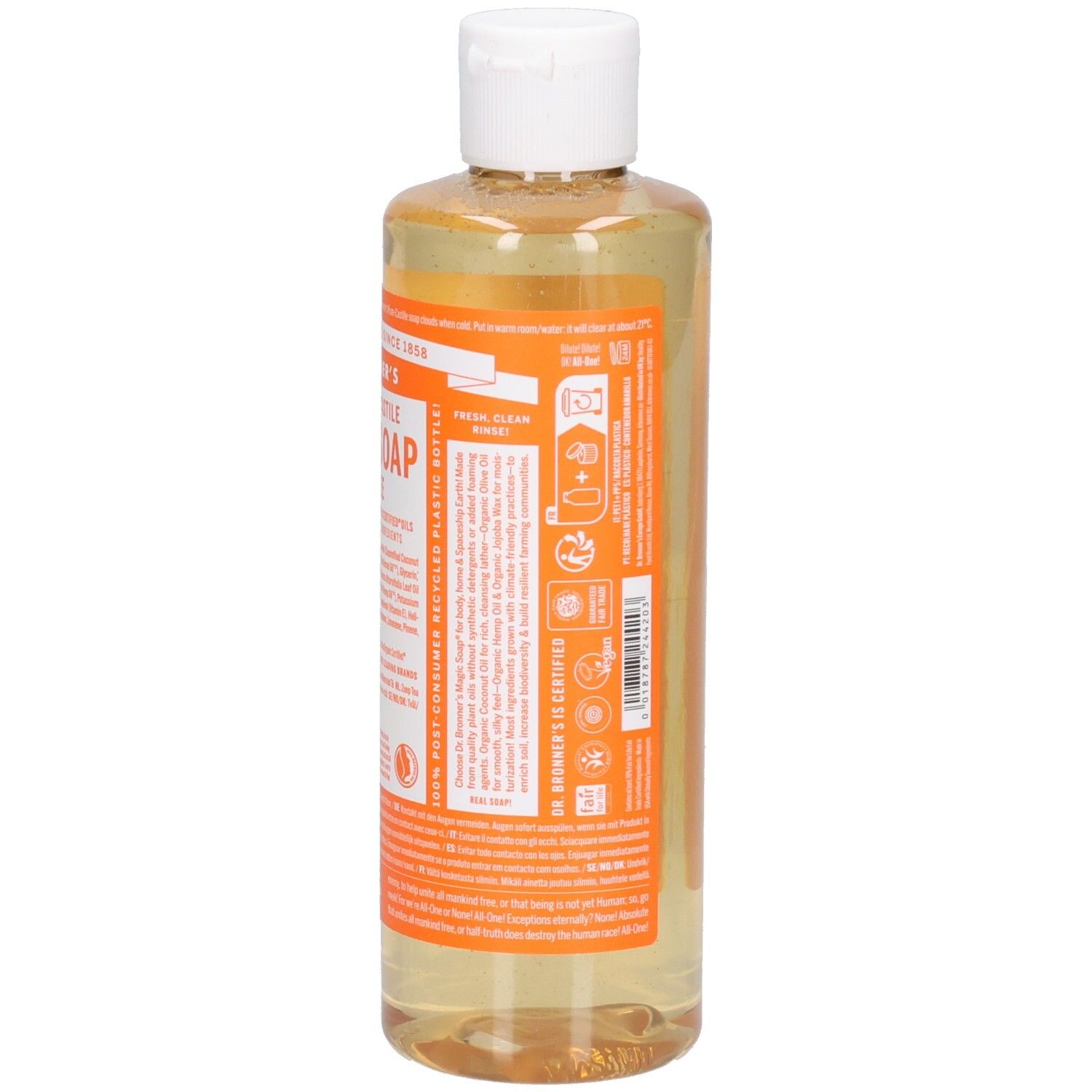 Vue arrière de la bouteille de savon liquide. Étiquette orange avec texte. Bouchon blanc. Contenu clair.