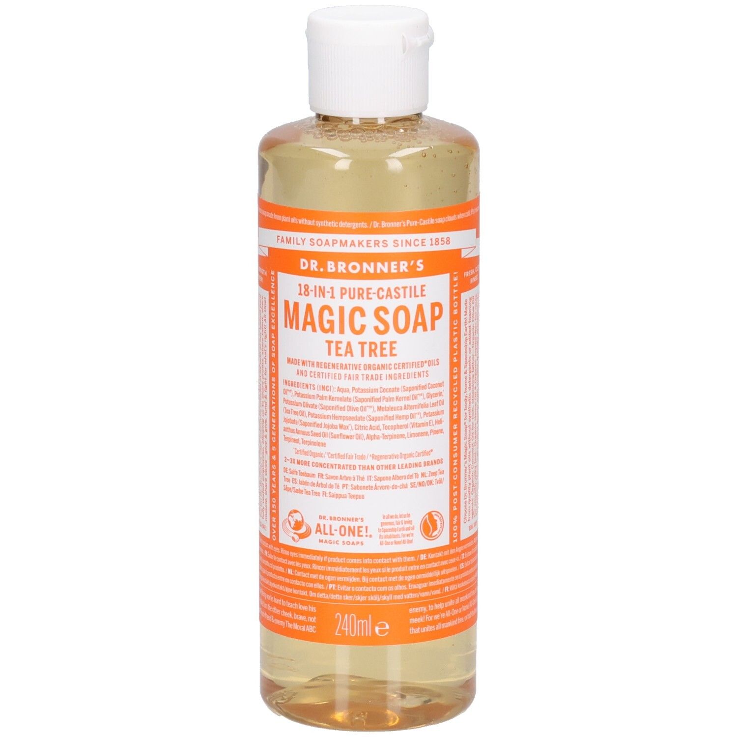Savon liquide transparent en bouteille à bouchon blanc. Inscription: Dr. Bronner's 18-en-1 Pure-Castile Magic Soap Tea Tree.