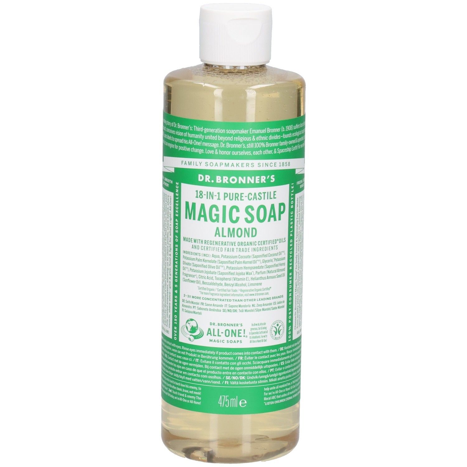 Dr. Bronner's Magic Soap à l'amande. Bouteille avec bouchon blanc. Étiquettes vertes et blanches avec informations. 475ml.