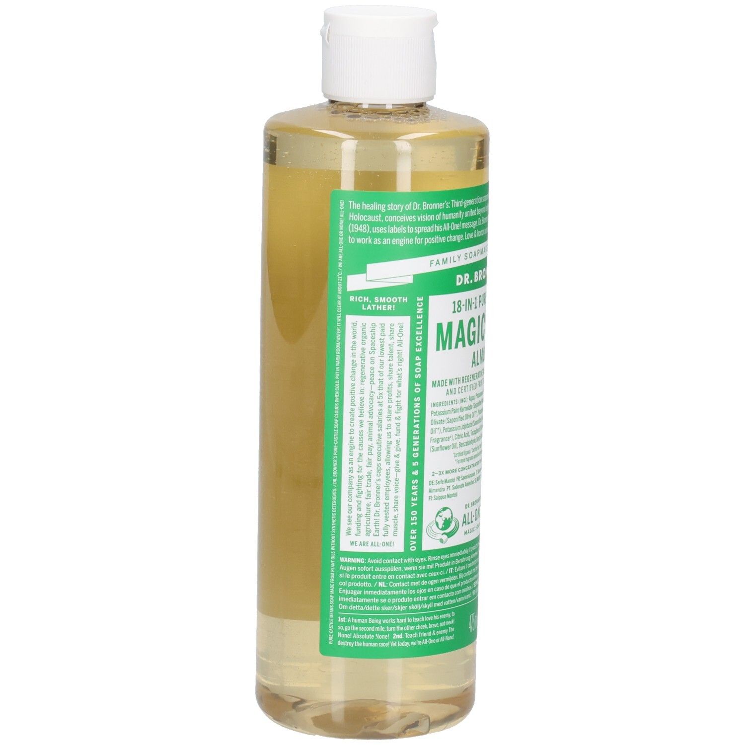 Dr. Bronner's Magic Soap à l'amande. Bouteille avec bouchon blanc. Étiquettes vertes et blanches avec informations. Vue arrière.