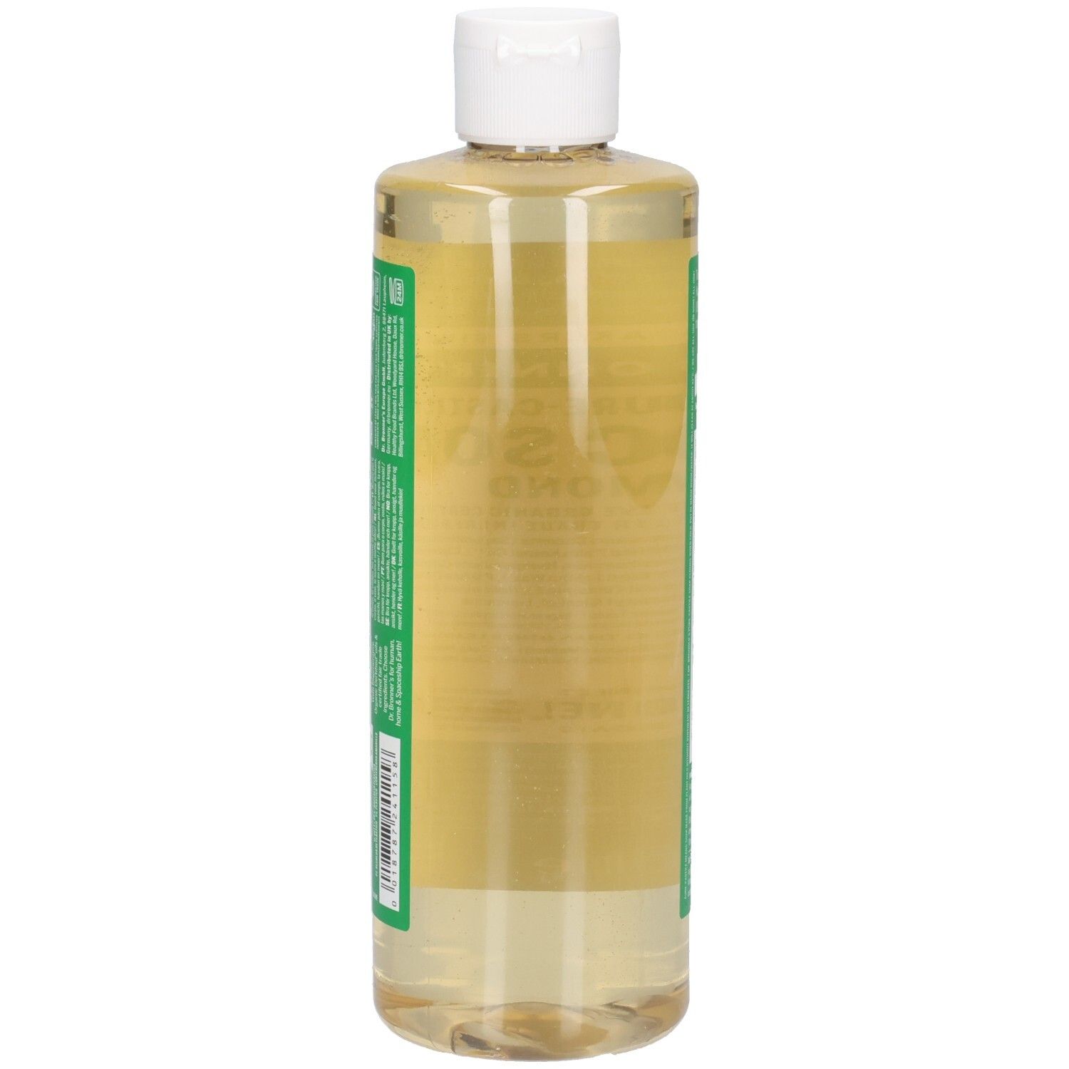 Dr. Bronner's Magic Soap à l'amande. Bouteille avec bouchon blanc. Étiquettes vertes et blanches avec informations. Vue latérale.
