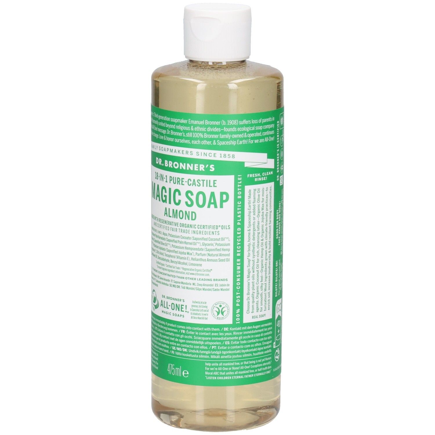 Dr. Bronner's Magic Soap à l'amande. Bouteille avec bouchon blanc. Étiquettes vertes et blanches avec informations. 475ml.