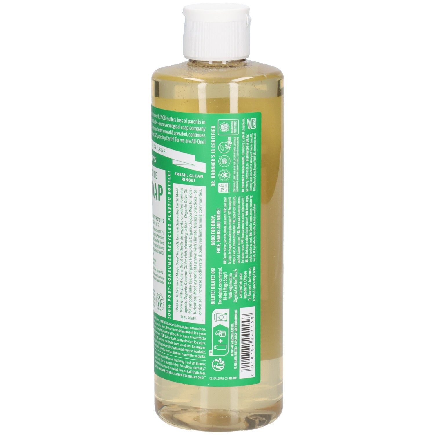 Dr. Bronner's Magic Soap à l'amande. Bouteille avec bouchon blanc. Étiquettes vertes et blanches avec informations. Vue arrière.