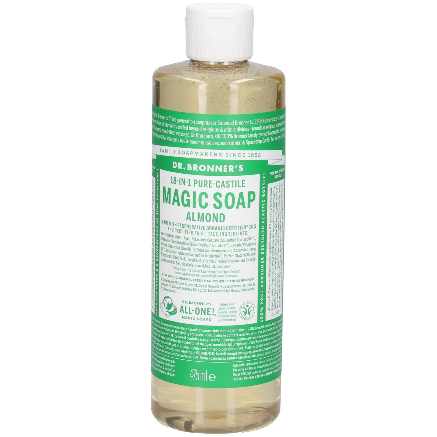 Dr. Bronner's Magic Soap à l'amande. Bouteille avec bouchon blanc. Étiquettes vertes et blanches avec informations. 475ml.