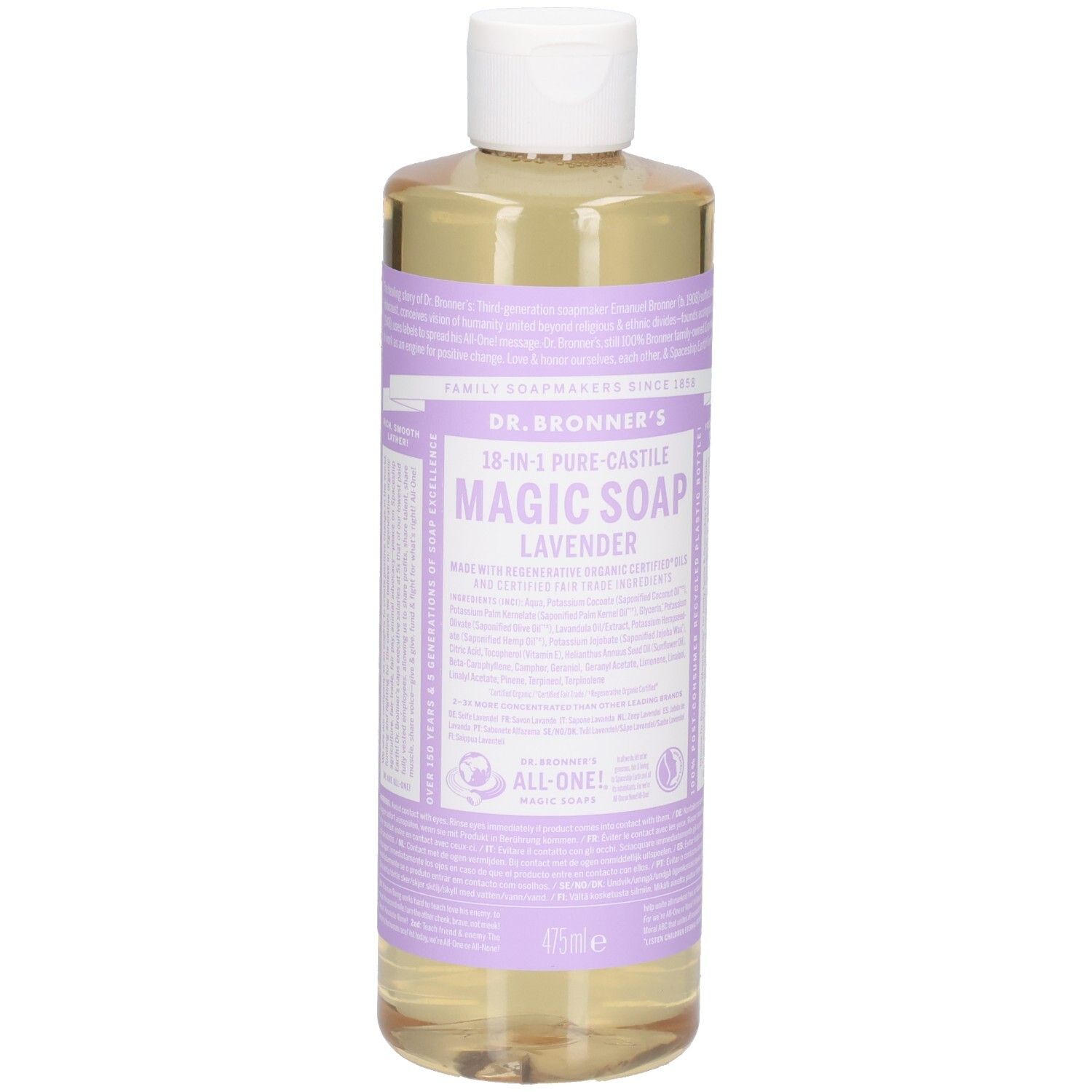 Flacon avec bouchon blanc. Inscription: DR. BRONNER'S MAGIC SOAP LAVENDER. Étiquette violette avec texte. Liquide clair visible.