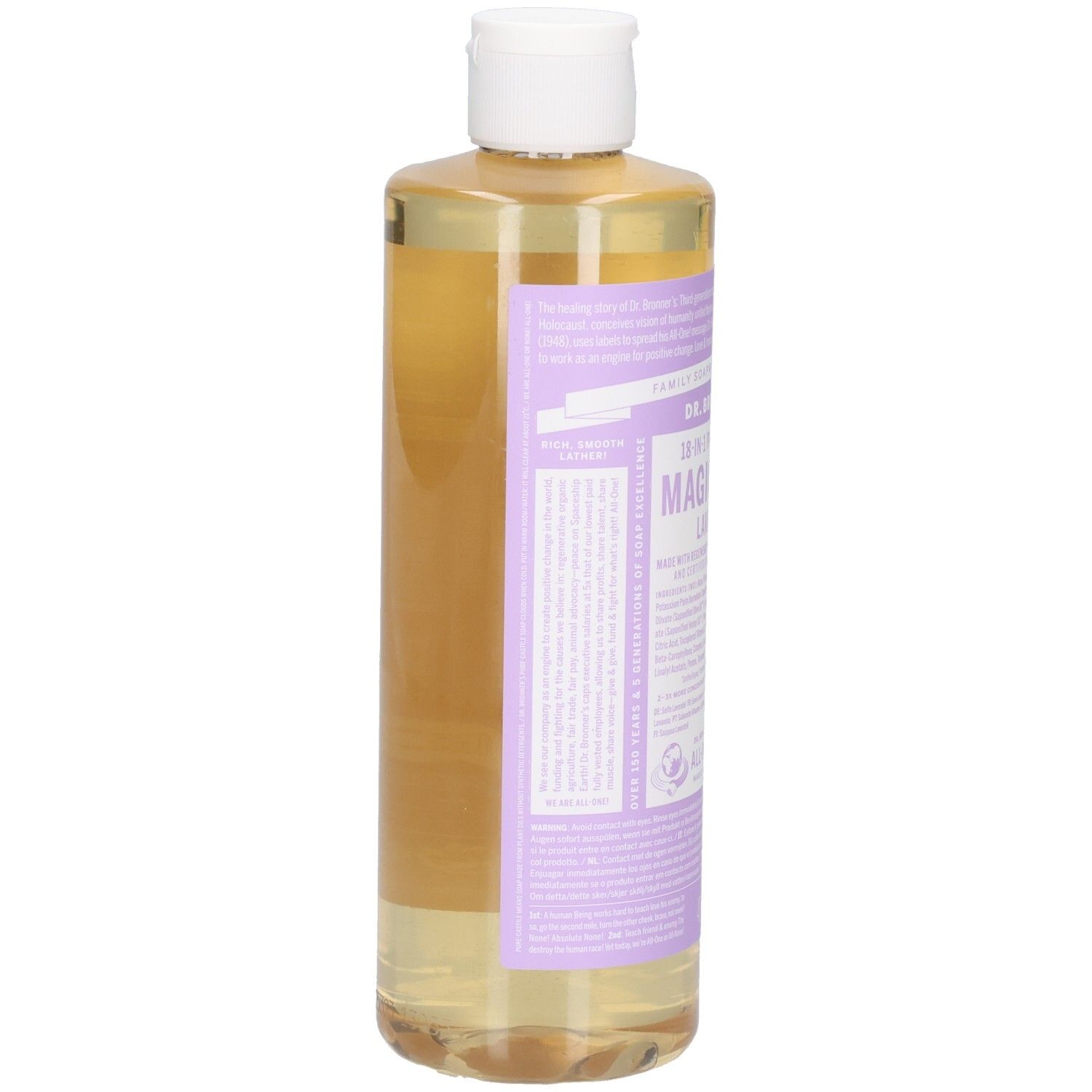 Flacon avec bouchon blanc. Étiquette violette avec texte. Inscription: DR. BRONNER'S MAGIC SOAP. Liquide clair visible. Vue latérale.