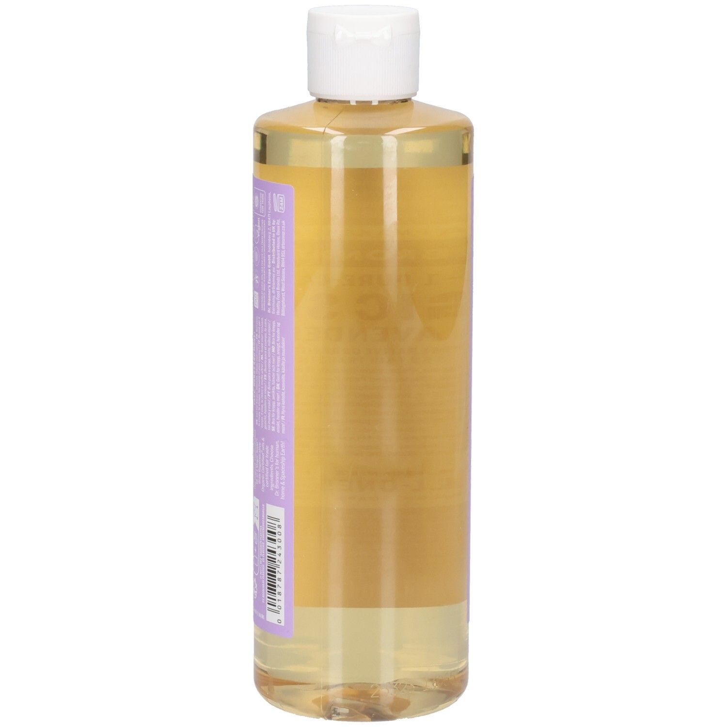 Flacon avec bouchon blanc. Étiquette violette avec texte. Liquide clair visible. Vue arrière.