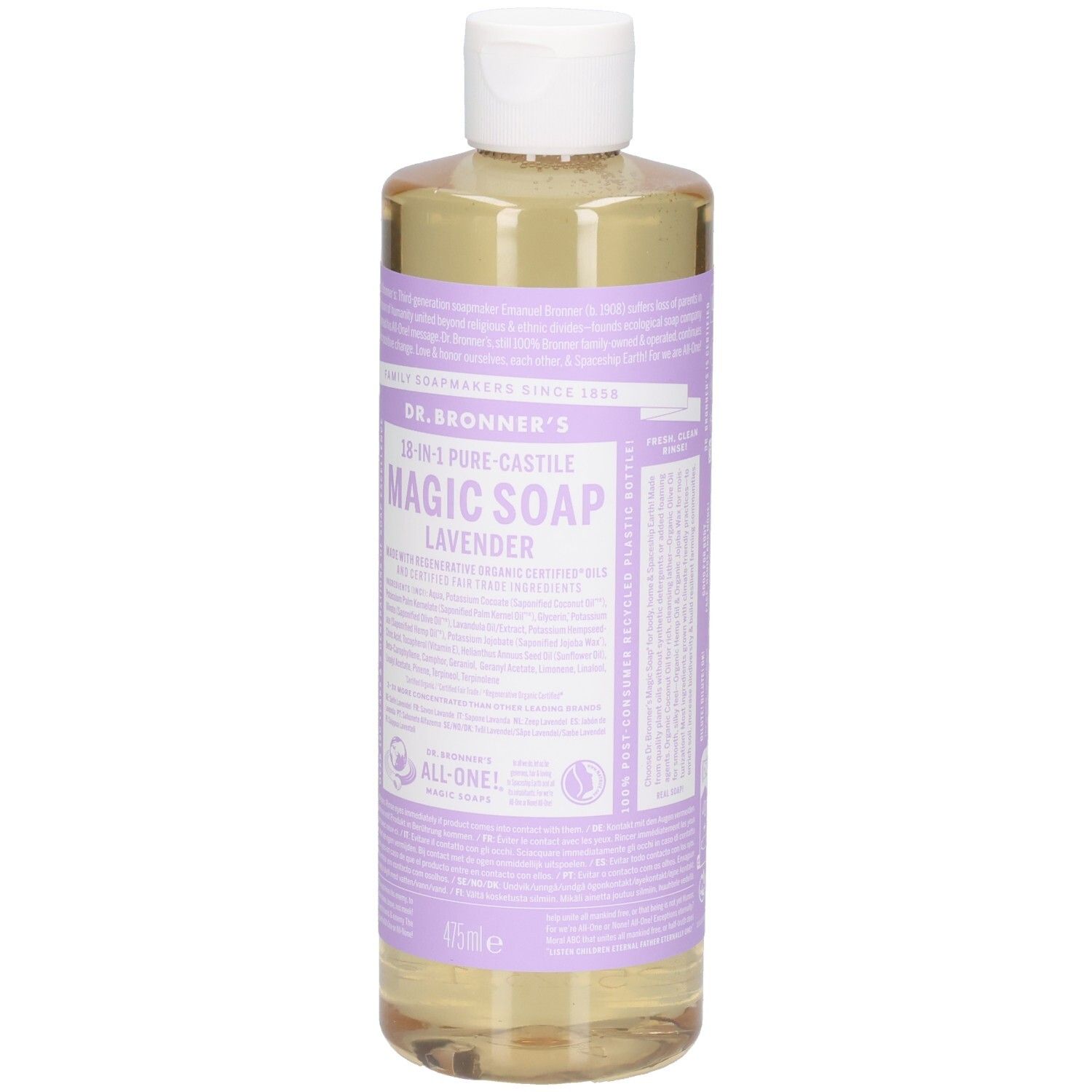 Flacon avec bouchon blanc. Inscription: DR. BRONNER'S MAGIC SOAP LAVENDER. Étiquette violette avec texte. Liquide clair visible.