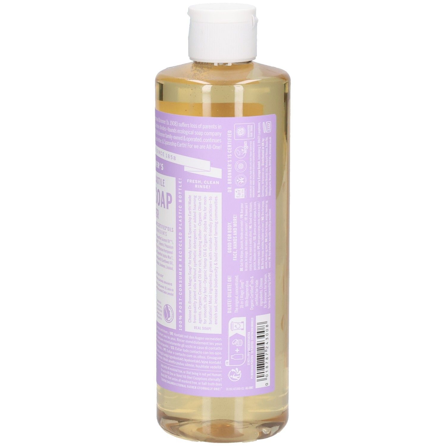 Flacon avec bouchon blanc. Étiquette violette avec texte. Inscription: DR. BRONNER'S MAGIC SOAP. Liquide clair visible. Vue latérale.