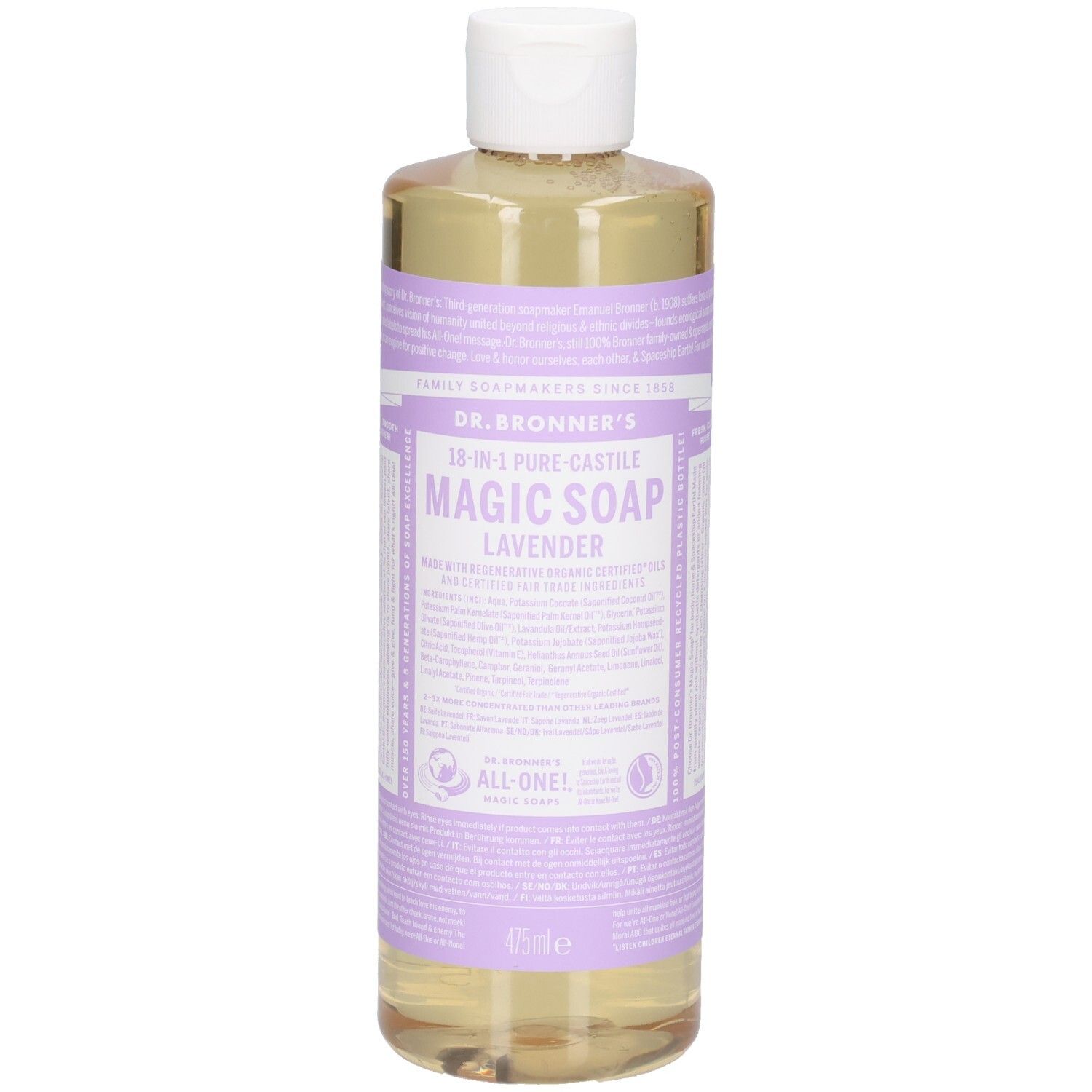 Flacon avec bouchon blanc. Inscription: DR. BRONNER'S MAGIC SOAP LAVENDER. Étiquette violette avec texte. Liquide clair visible.