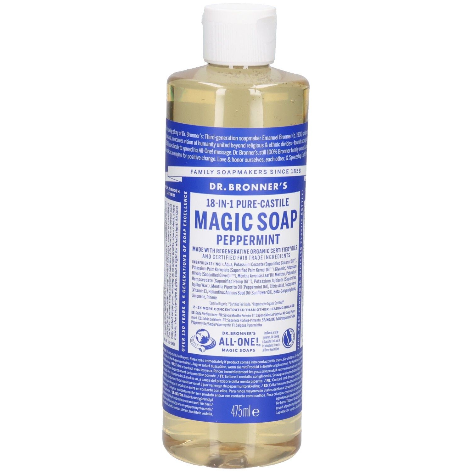 Bouteille de savon Dr. Bronner's Peppermint Magic Soap. Bouchon blanc, étiquettes bleues. Contient du texte et des logos. 475ml.