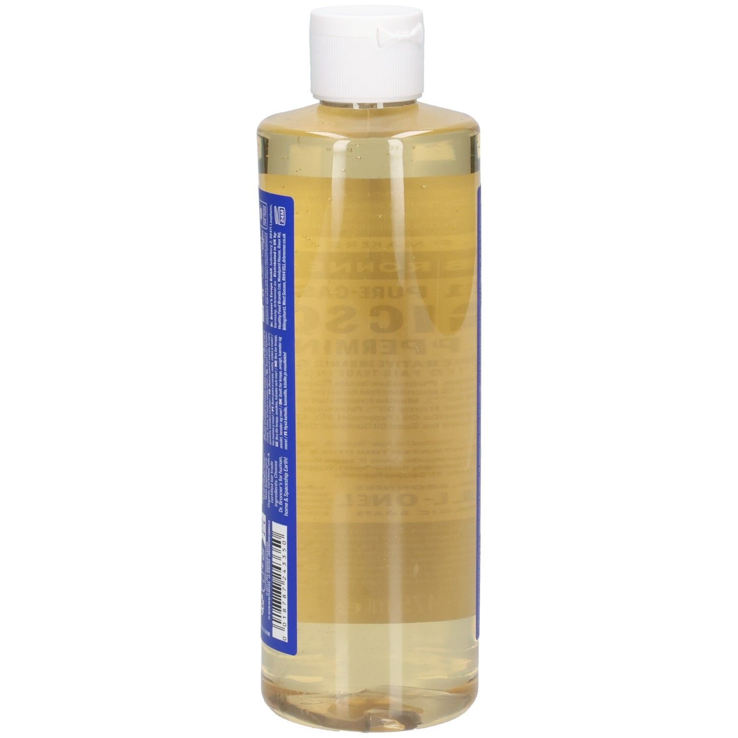 Vue latérale de la bouteille de savon Dr. Bronner's Peppermint Magic Soap. Étiquettes bleues avec texte. Bouchon blanc.