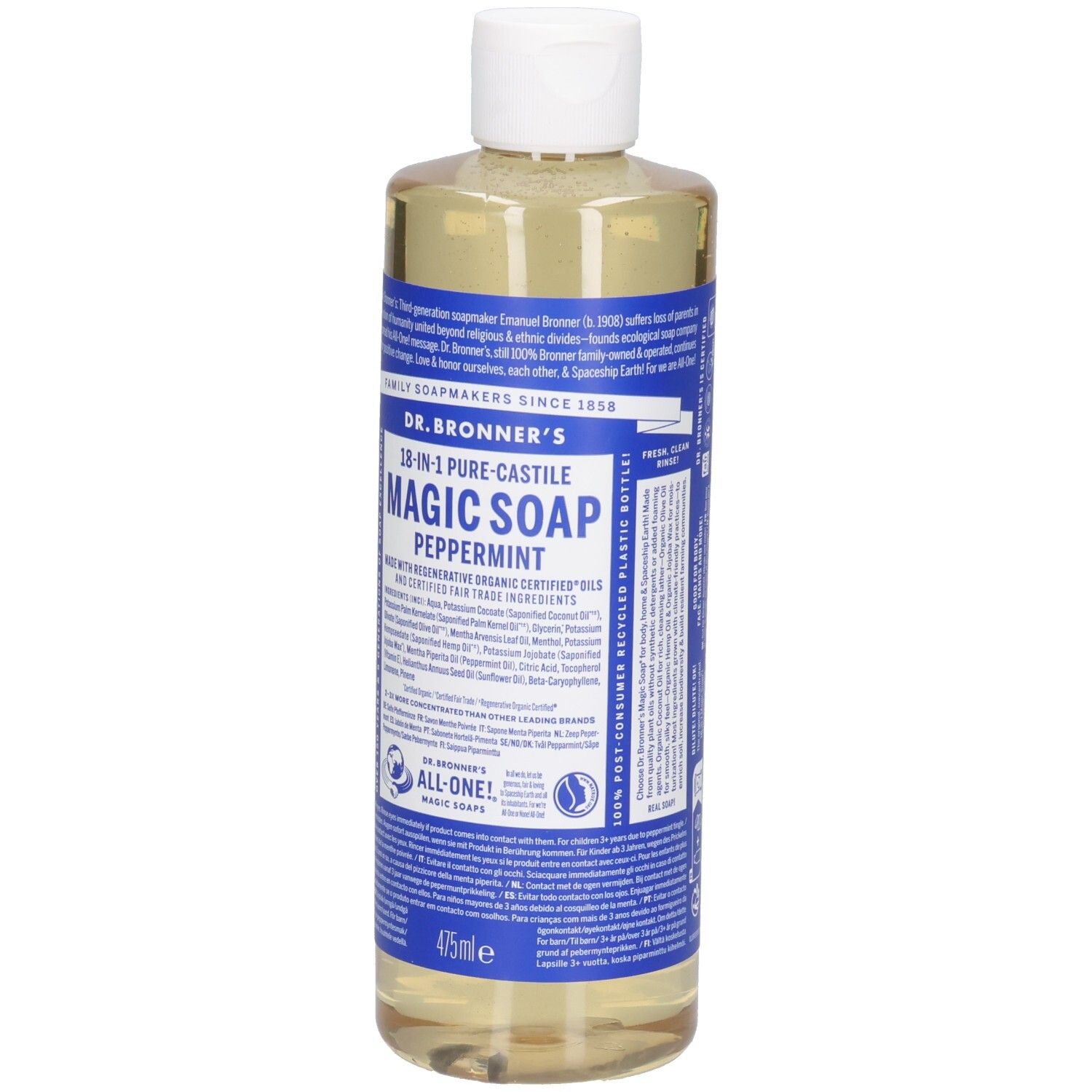 Bouteille de savon Dr. Bronner's Peppermint Magic Soap. Bouchon blanc, étiquettes bleues. Texte et logos. 475ml. Bouteille plastique recyclée.