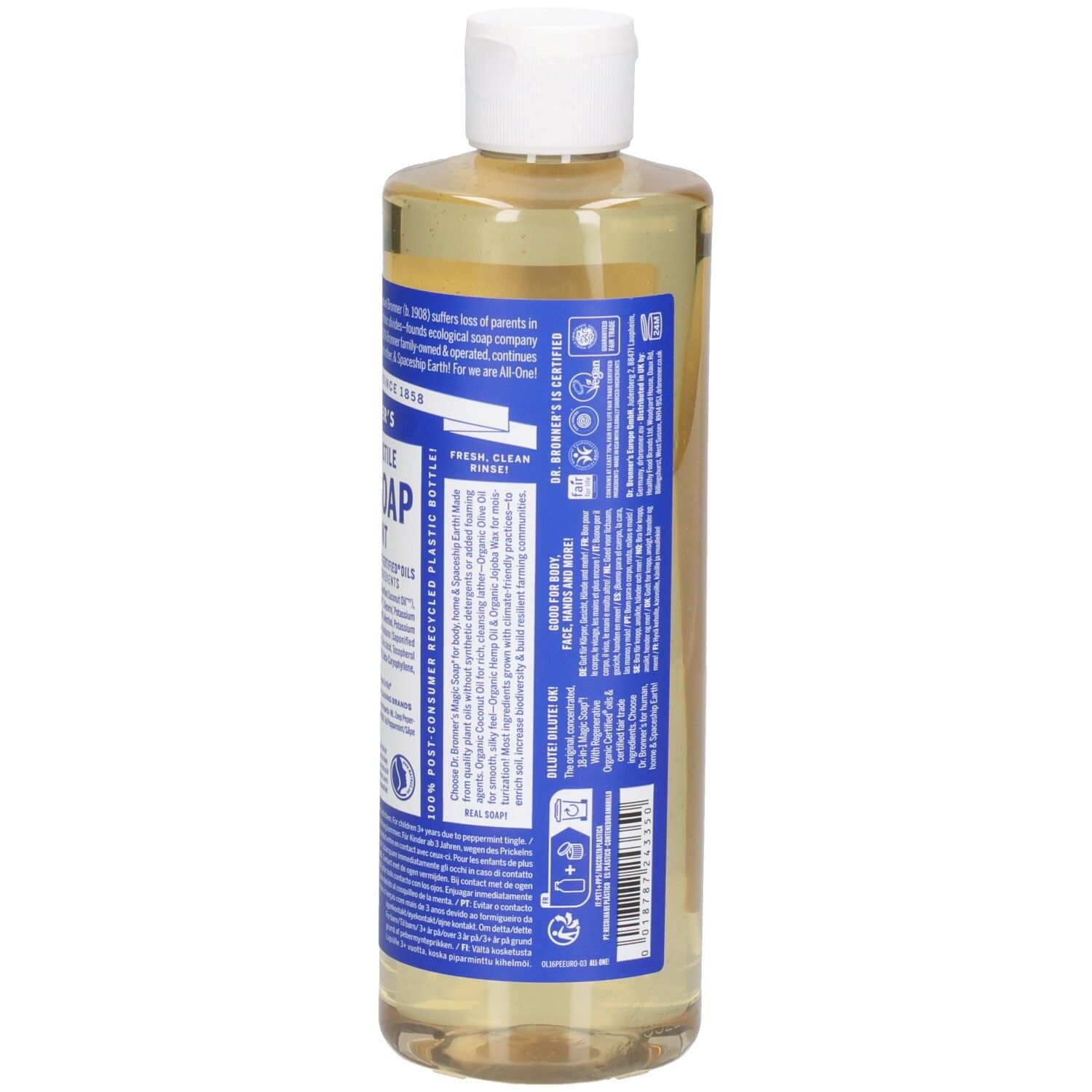Vue arrière de la bouteille de savon Dr. Bronner's Peppermint Magic Soap. Étiquettes bleues avec texte. Bouchon blanc. Bouteille plastique recyclée.