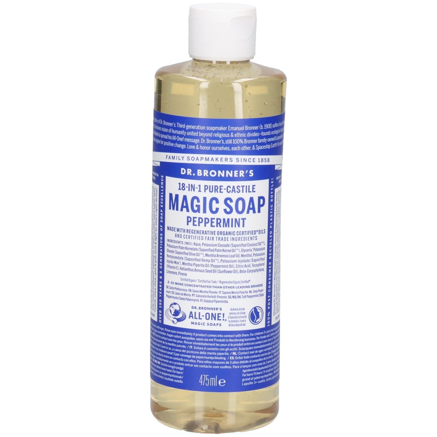 Bouteille de savon Dr. Bronner's Peppermint Magic Soap. Bouchon blanc, étiquettes bleues. Texte et logos. 475ml.