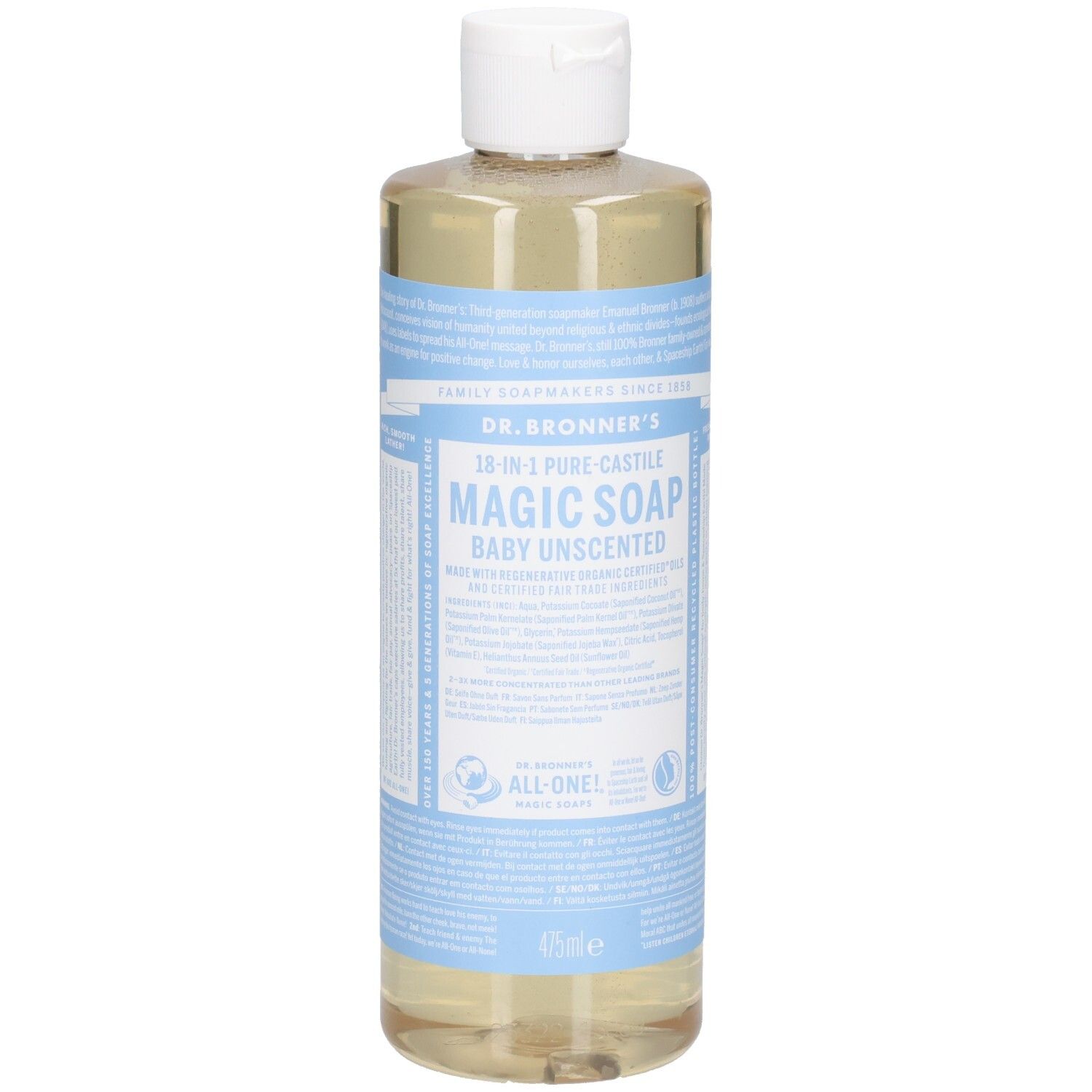 Bouteille avec bouchon blanc et étiquette bleu et blanc. L'étiquette indique "MAGIC SOAP BABY UNSCENTED".