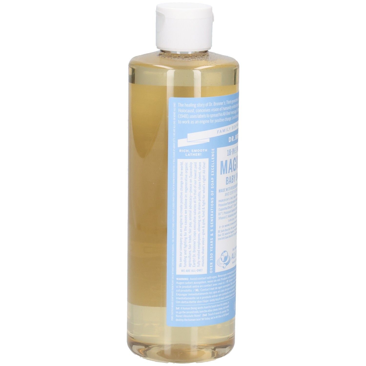 Bouteille avec bouchon blanc et étiquette bleu et blanc. La majeure partie de l'étiquette est visible.