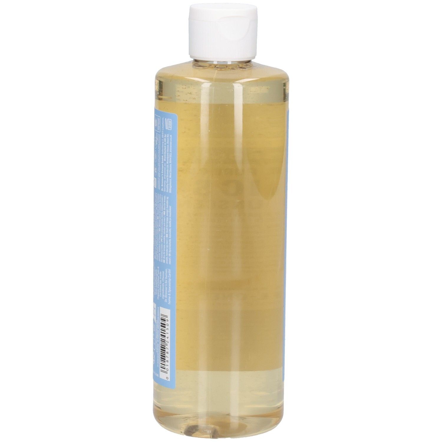 Bouteille avec bouchon blanc et étiquette bleu et blanc. La bouteille est vue de dos.