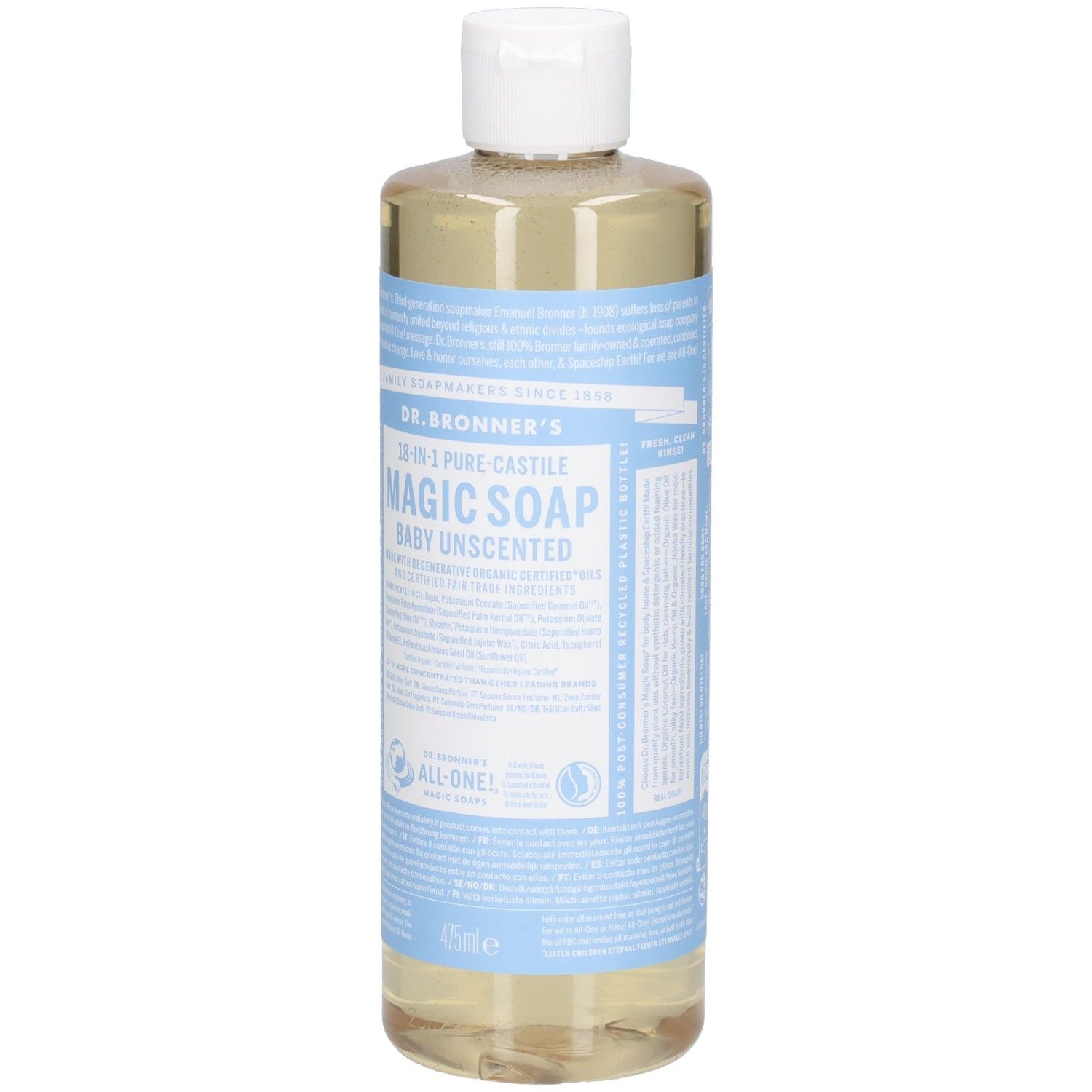 Bouteille avec bouchon blanc et étiquette bleu et blanc. L'étiquette indique "MAGIC SOAP BABY UNSCENTED".