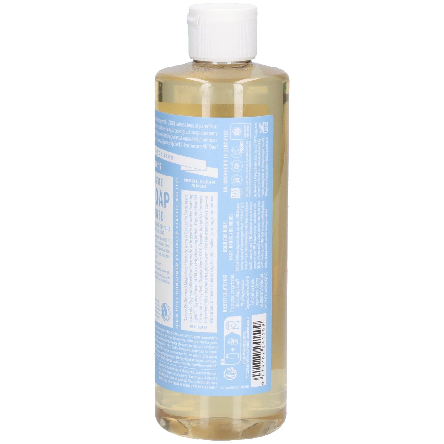 Bouteille avec bouchon blanc et étiquette bleu et blanc. La majeure partie de l'étiquette est visible.
