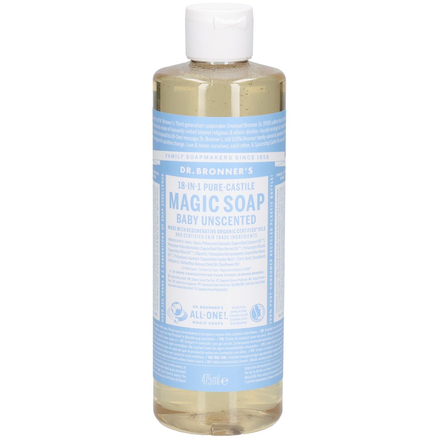 Bouteille avec bouchon blanc et étiquette bleu et blanc. L'étiquette indique "MAGIC SOAP BABY UNSCENTED".