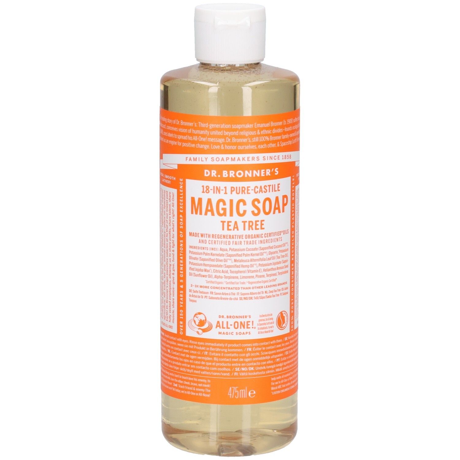 Bouteille de savon Dr. Bronner's Magic Soap. Étiquette orange avec texte. Bouchon blanc. Liquide clair. 475ml.