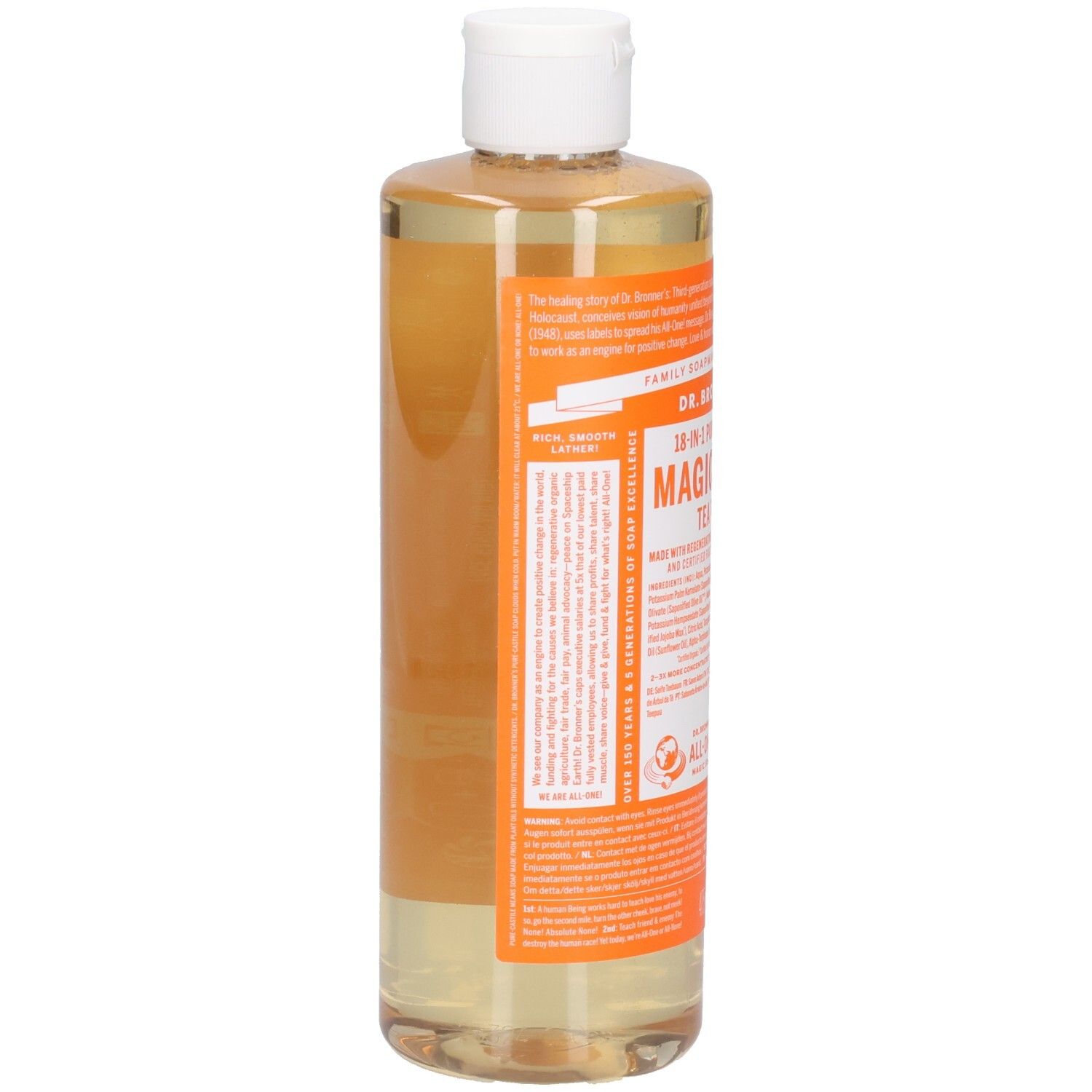 Vue arrière de la bouteille de savon Dr. Bronner's Magic Soap. Étiquette orange avec texte. Bouchon blanc. Liquide clair.
