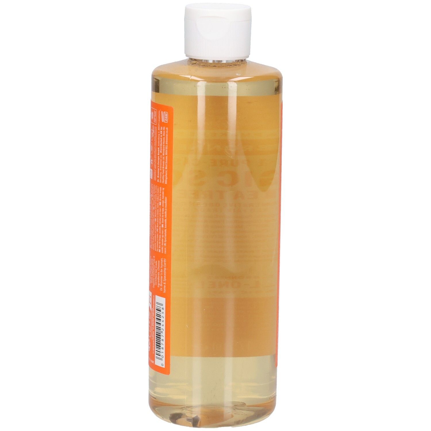 Vue latérale de la bouteille de savon Dr. Bronner's Magic Soap. Étiquette orange avec texte. Bouchon blanc. Liquide clair. Code-barres.