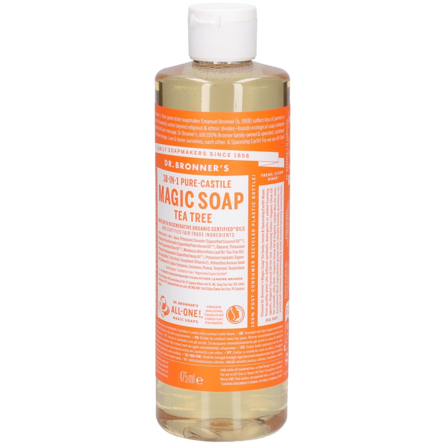 Bouteille de savon Dr. Bronner's Magic Soap. Étiquette orange avec texte. Bouchon blanc. Liquide clair. 475ml.