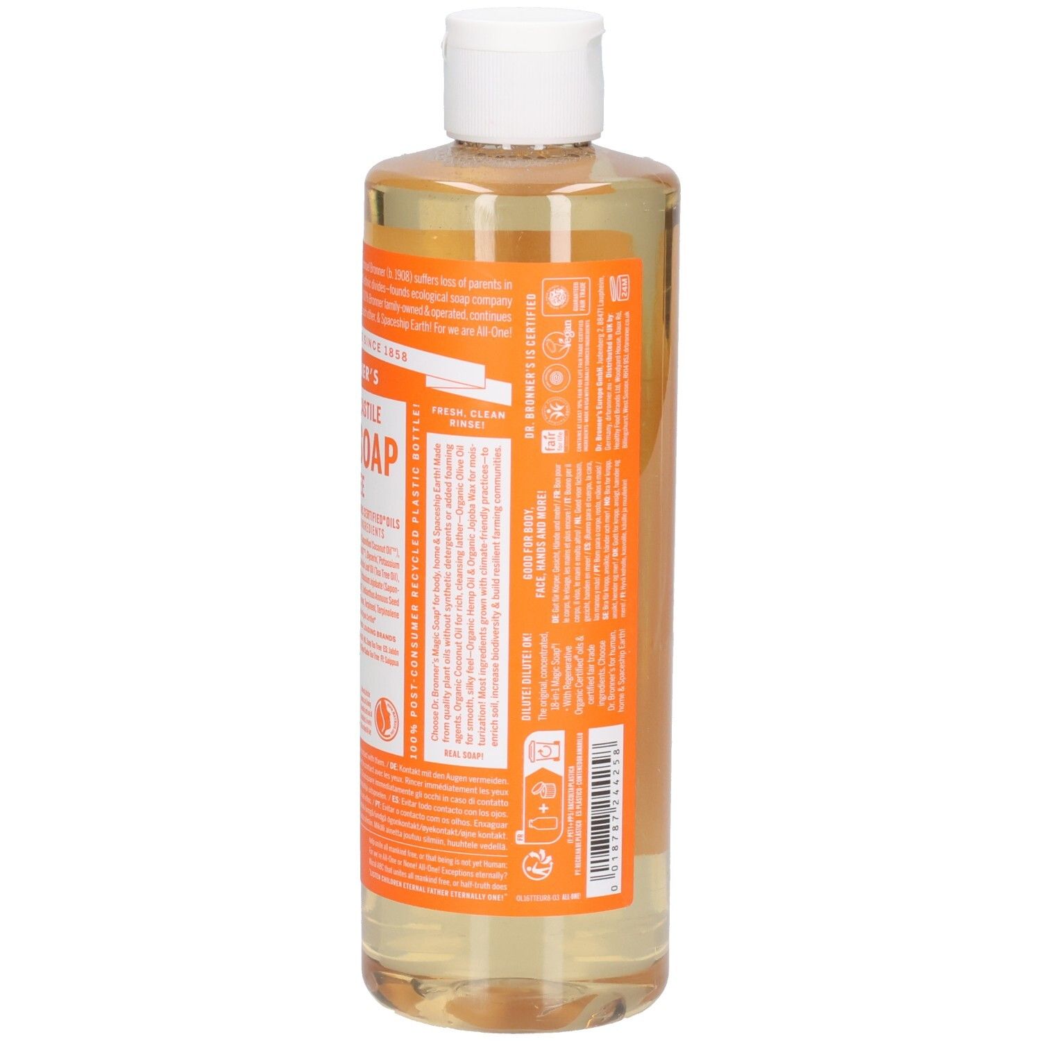 Vue arrière de la bouteille de savon Dr. Bronner's Magic Soap. Étiquette orange avec texte. Bouchon blanc. Liquide clair.