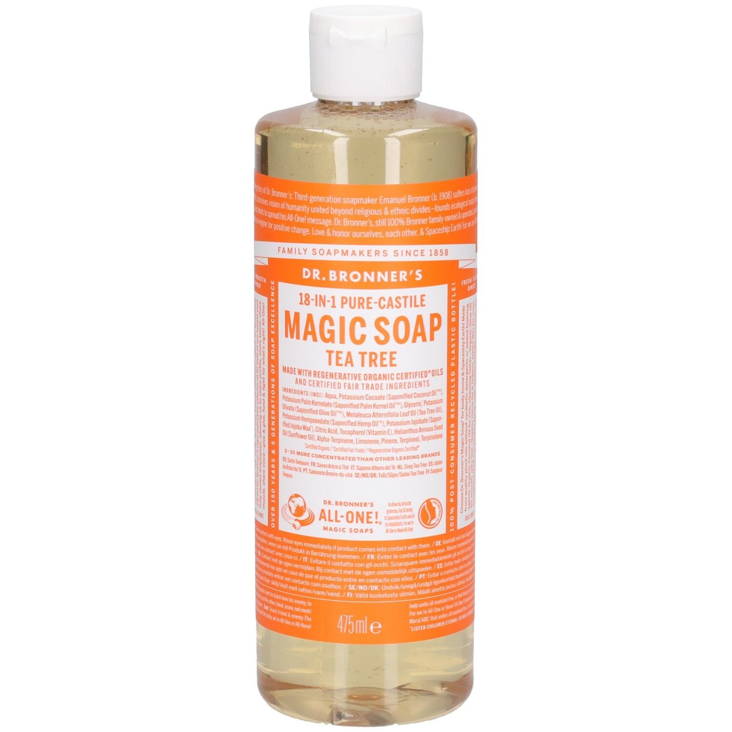 Bouteille de savon Dr. Bronner's Magic Soap. Étiquette orange avec texte. Bouchon blanc. Liquide clair. 475ml.