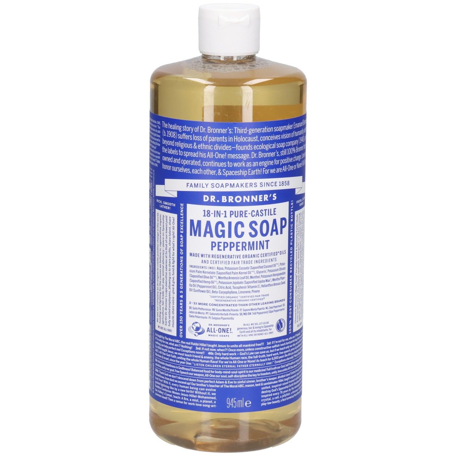 Bouteille de savon DR BRONNER'S MAGIC SOAP, menthe poivrée. Bouchon blanc, étiquettes bleues avec texte. Liquide clair visible.