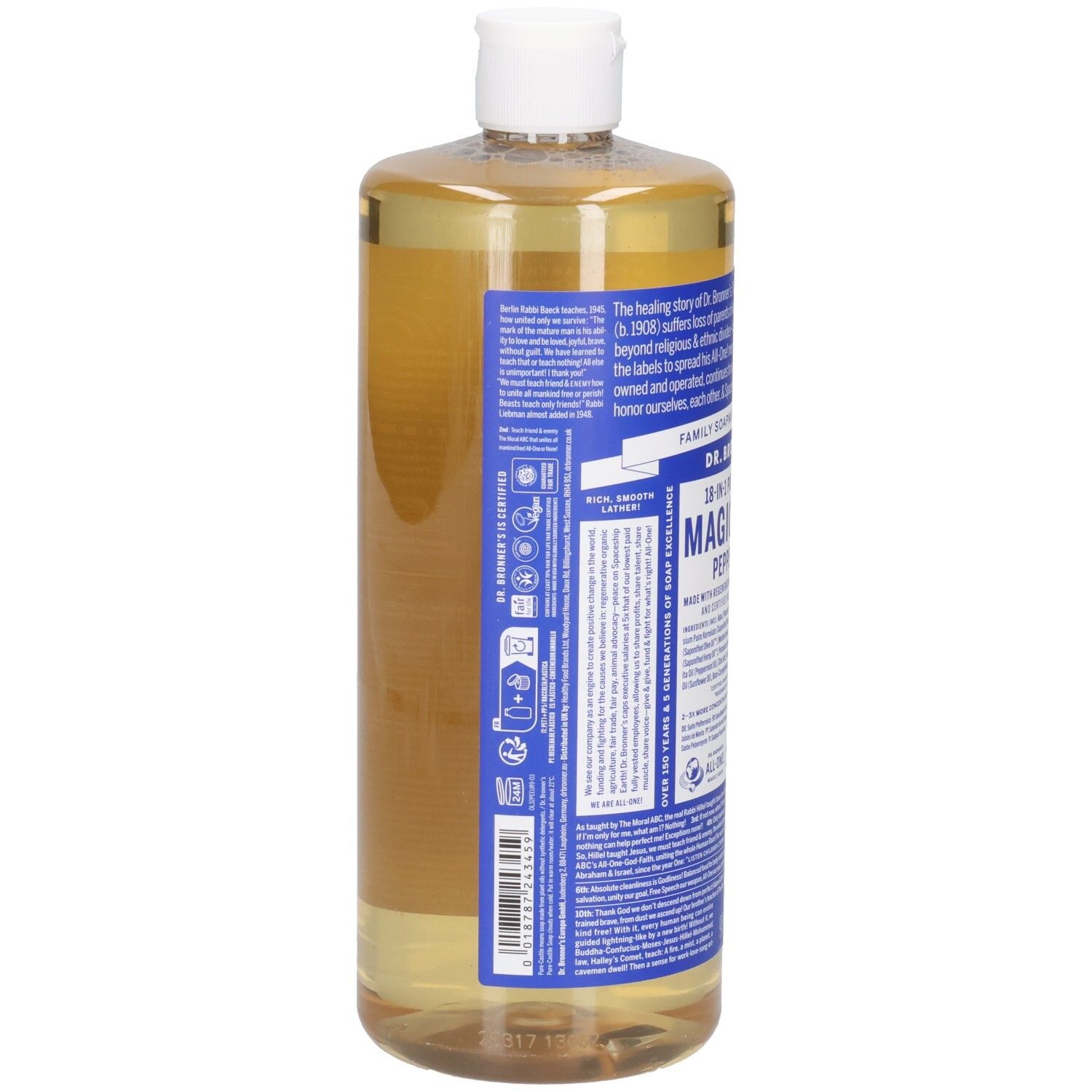 Bouteille de DR BRONNER'S MAGIC SOAP, menthe poivrée. Étiquettes bleues avec texte. Bouchon blanc. Liquide clair. Vue latérale.
