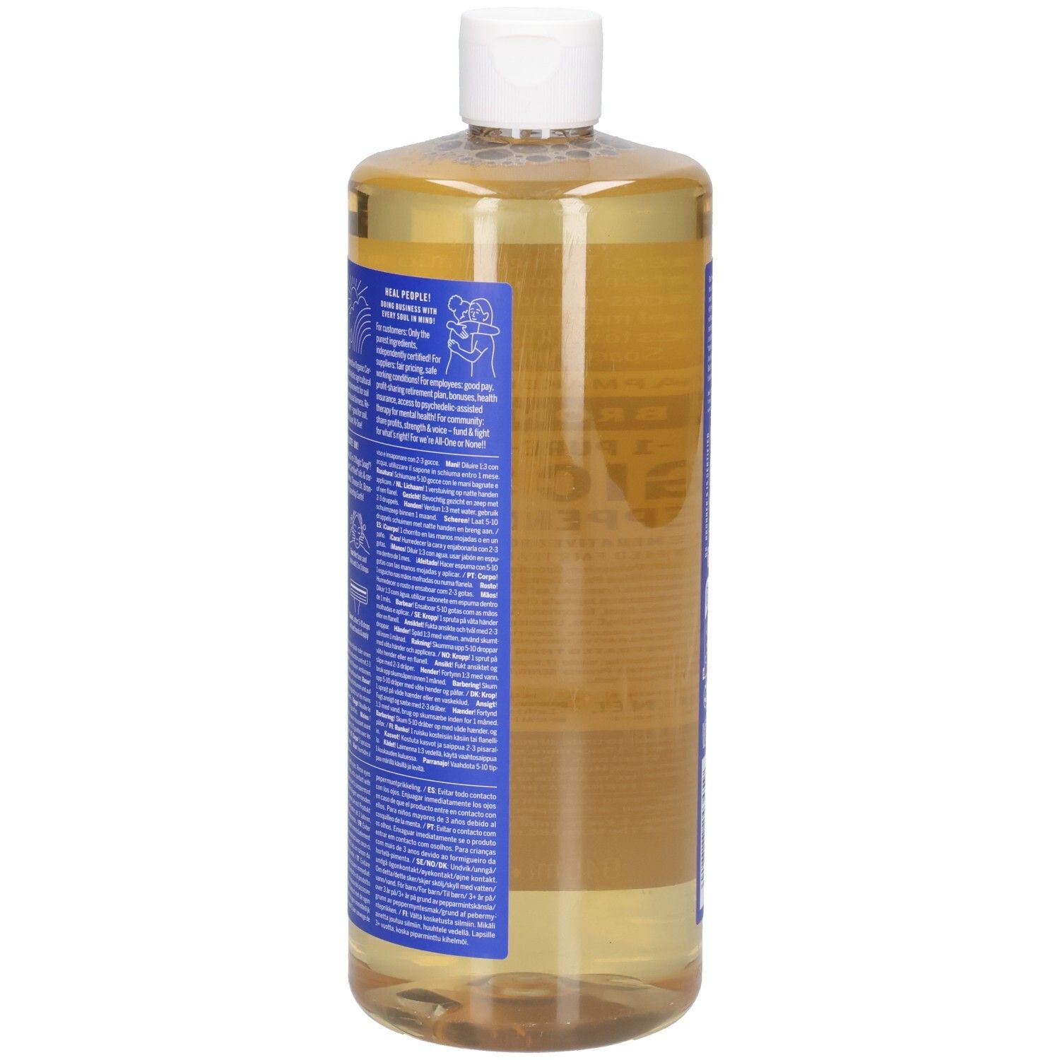 Bouteille de DR BRONNER'S MAGIC SOAP, menthe poivrée. Étiquettes bleues avec texte. Bouchon blanc. Liquide clair. Vue arrière.
