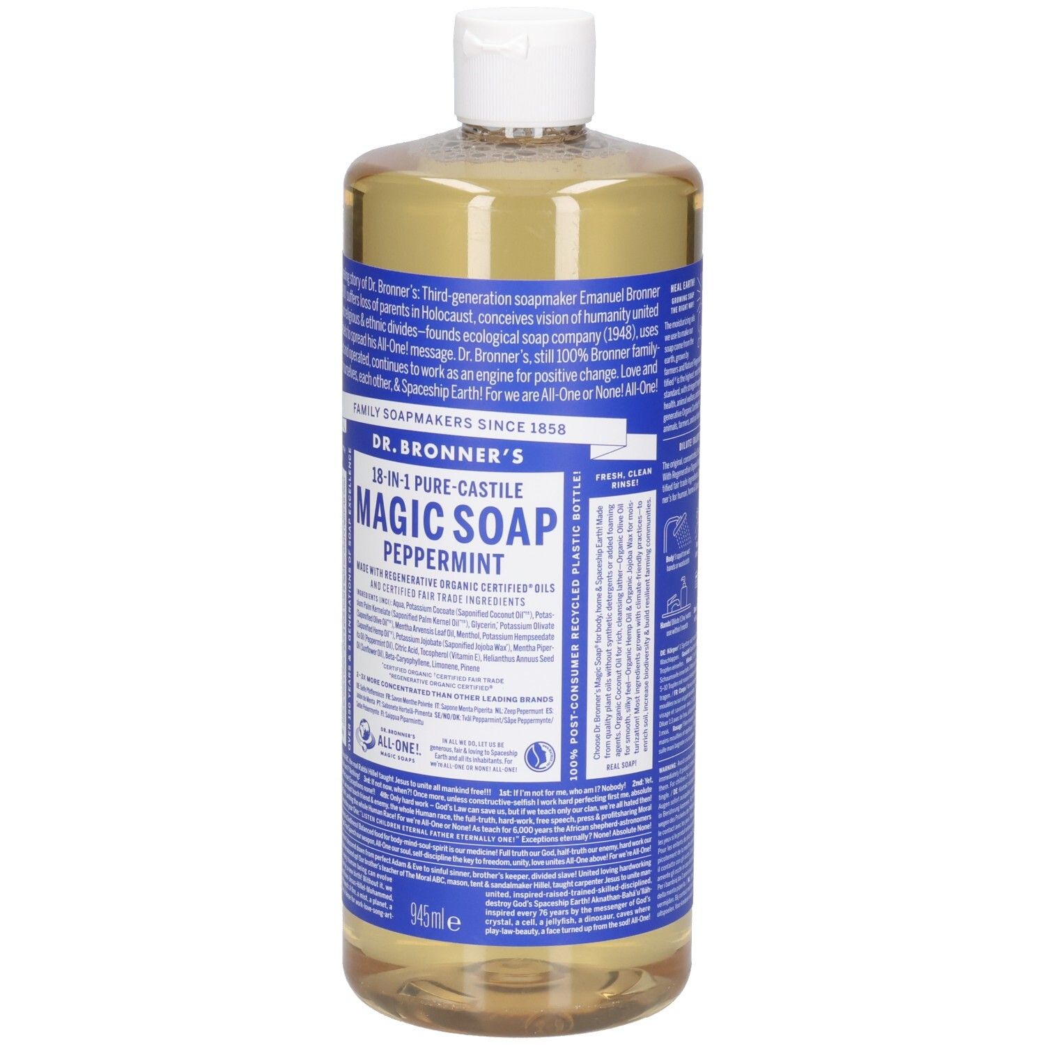 Bouteille de DR BRONNER'S MAGIC SOAP, menthe poivrée. Bouchon blanc, étiquettes bleues avec texte. Liquide clair visible.