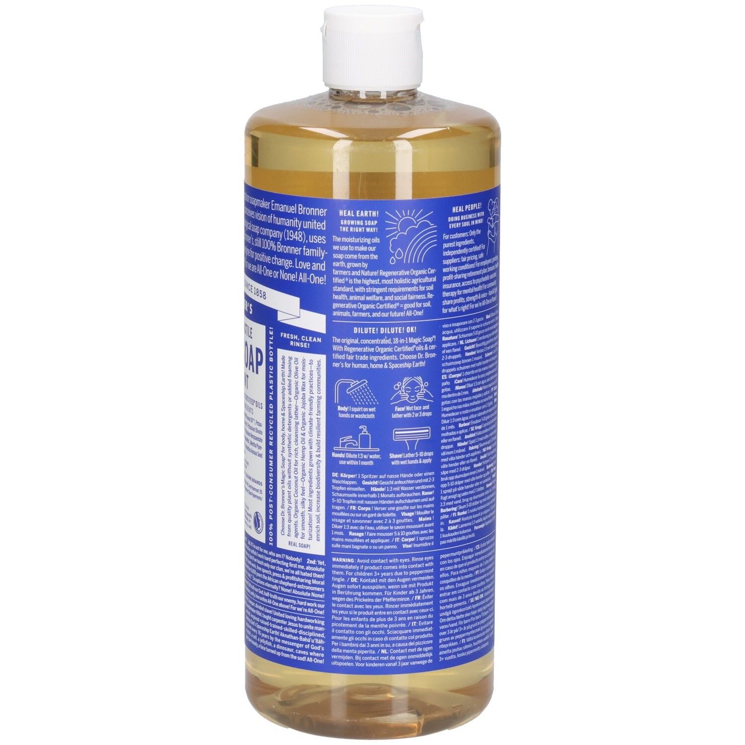 Bouteille de DR BRONNER'S MAGIC SOAP, menthe poivrée. Étiquettes bleues avec texte. Bouchon blanc. Liquide clair. Vue latérale.