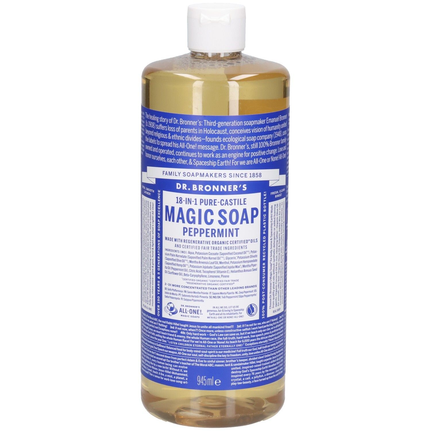 Bouteille de DR BRONNER'S MAGIC SOAP, menthe poivrée. Bouchon blanc, étiquettes bleues avec texte. Liquide clair visible.