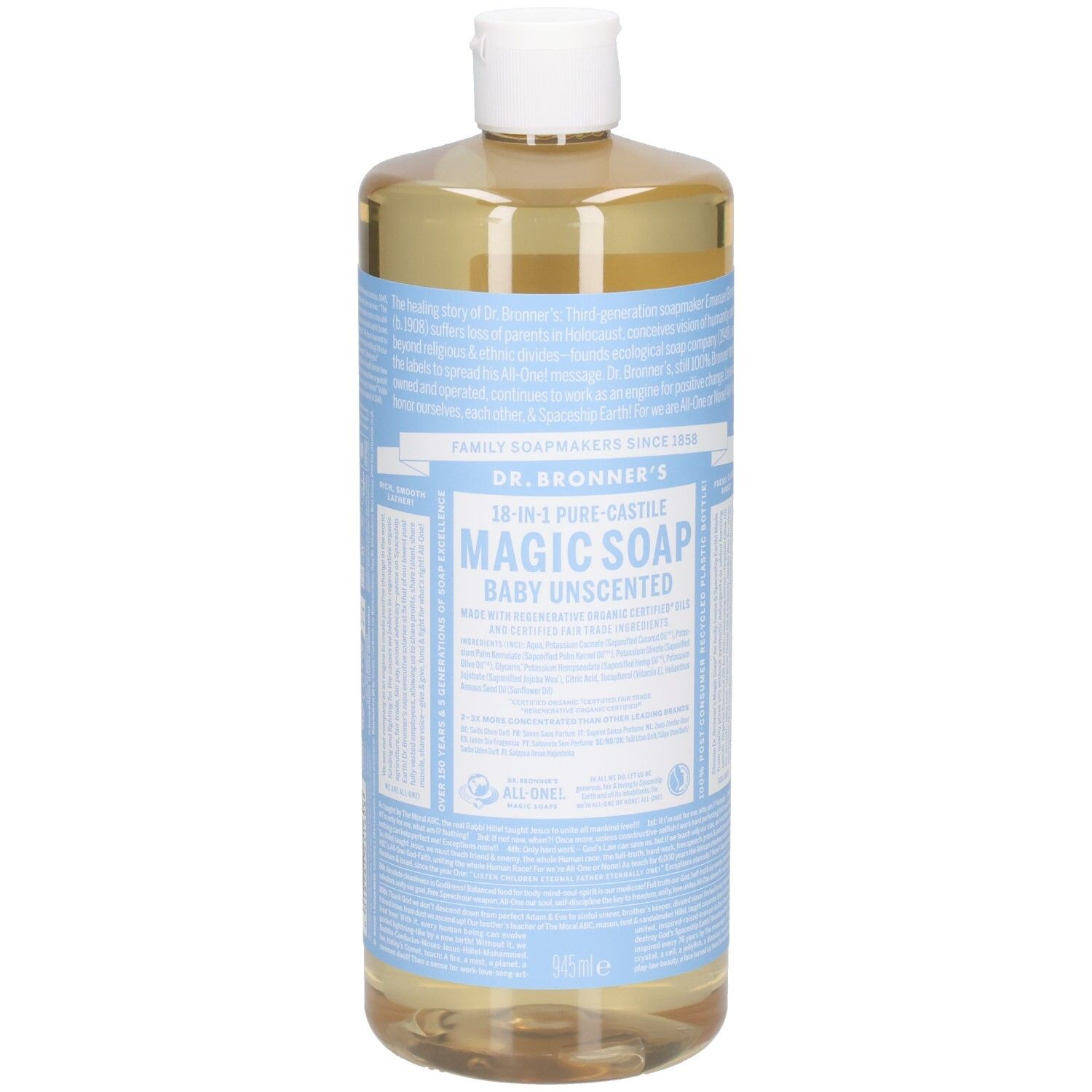 Bouteille de savon Dr. Bronner's Magic Soap, Baby Unscented. Liquide brun clair dans une bouteille transparente avec un bouchon blanc et une étiquette bleue.