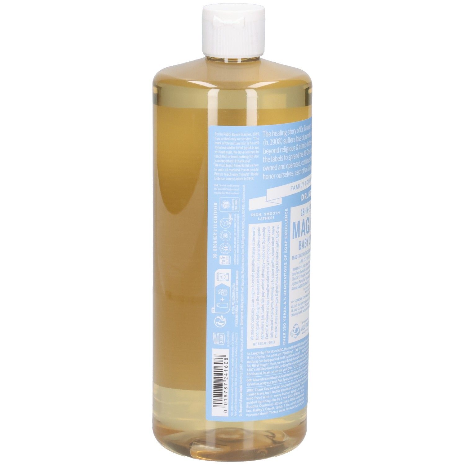 Dr. Bronner's Magic Soap, Baby Unscented, dans une bouteille transparente avec un bouchon blanc. La bouteille est vue de côté, avec une étiquette bleue.