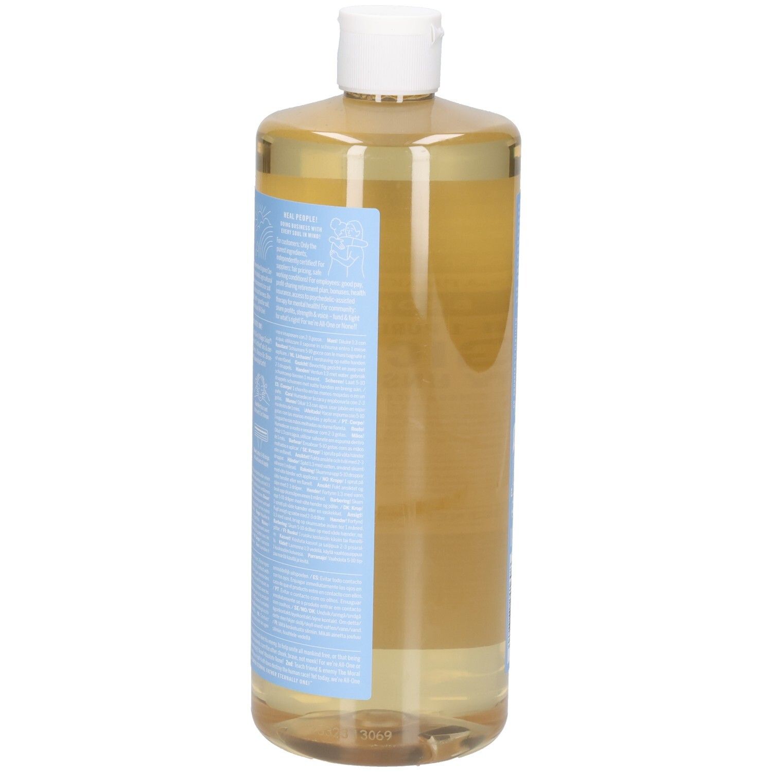 Une bouteille de Dr. Bronner's Magic Soap, Baby Unscented. La bouteille est vue de côté, avec une étiquette bleue.