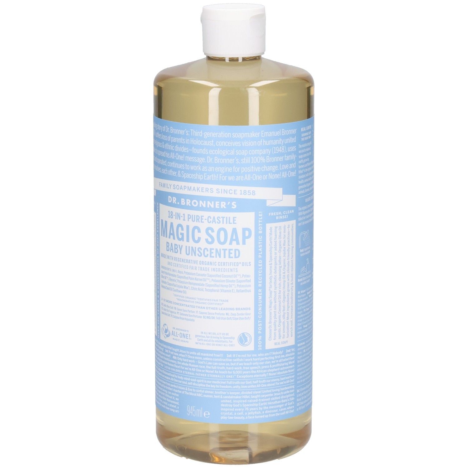 Bouteille de savon Dr. Bronner's Magic Soap, Baby Unscented. Liquide brun clair dans une bouteille transparente avec un bouchon blanc et une étiquette bleue.