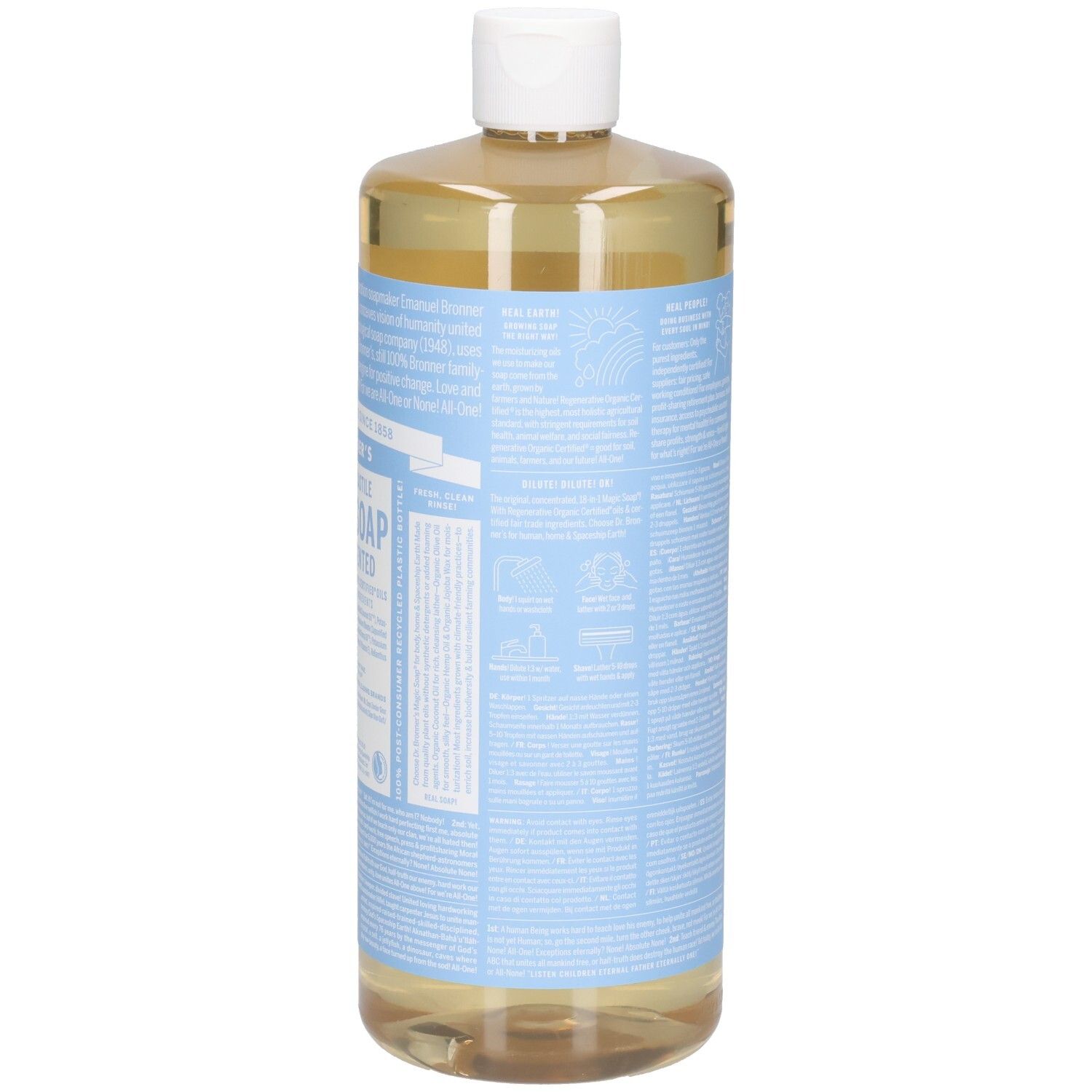 Bouteille de savon Dr. Bronner's Magic Soap, Baby Unscented. Liquide brun clair dans une bouteille transparente avec un bouchon blanc et une étiquette bleue.